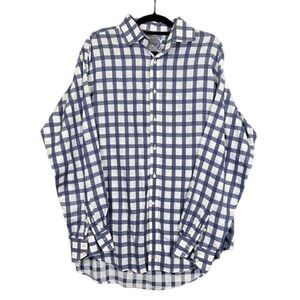 Thomas Dean Button Front Shirt Navy Blue White Large Plaid Check Size XL